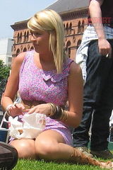 Hot blondie in bright dress. Upskirts pics